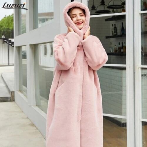 Luzuzi 2021 Imitation Mink Velvet Luxury Faux Fur Coats Parkas Women Winter Thick Loose Warm Outwear Plush Hooded Jacket Female