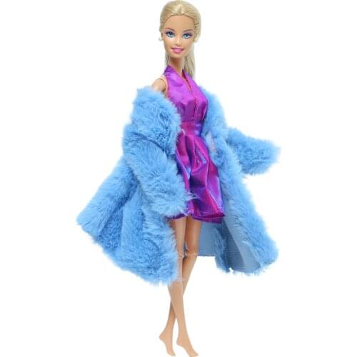Fashion 1 Set Purple V-Neck Short Dress + Blue Fur Coat Dating Party Wear Clothes for Barbie Doll Accessories Toy