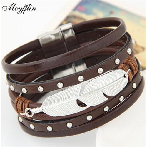 Fashion PU Leather Magnet Bracelets & Bangles for Women Men Jewelry Fashion Alloy Feather Wrap Bracelet Femme Pulseira Masculina