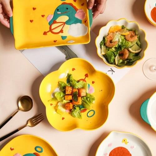 Lovely childrens tableware set dinosaur ceramic dinner bowl household plate cup cutlery