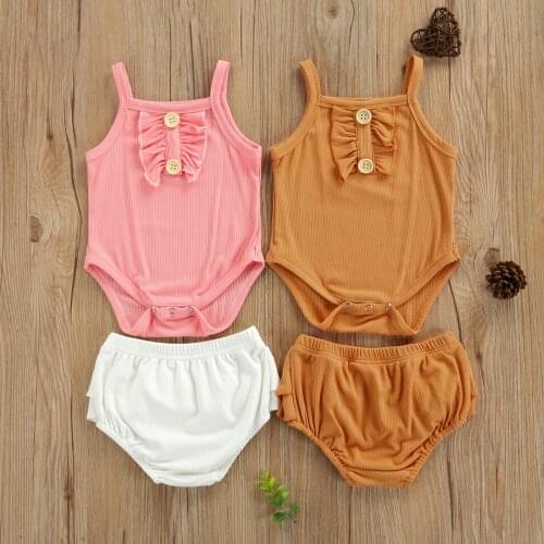 2021 Baby Solid Color Clothes Set, Girls Sleeveless Square Collar Romper + Short Pants with Ruffles