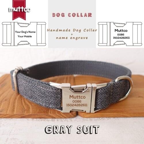MUTTCO engraved metal buckle dog collar GRAY SUIT dog ID tag collar 5 sizes nameplate anti-lost pet supply UDC120