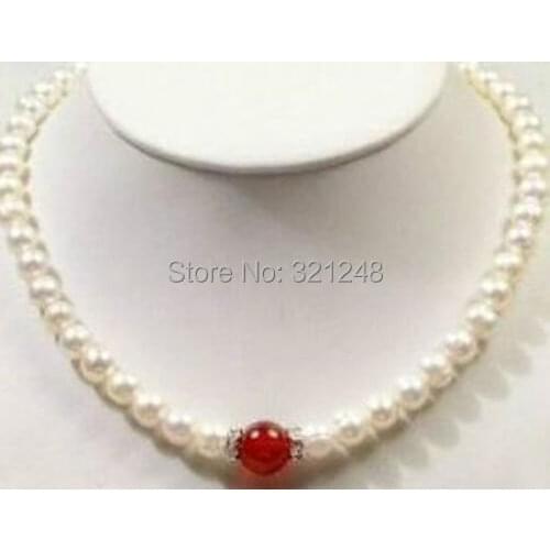 New fashion 7-8mm natural White freshwater Culture Pearl red stone chalcedony round beads chain strand Necklace 18"BV50