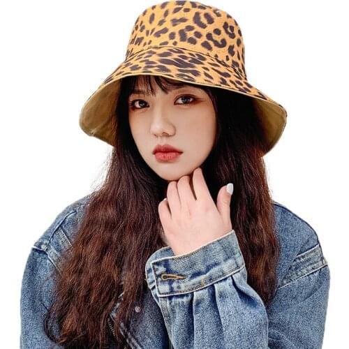 Women Leopard Print Bucket Hats Wide Brim Sun Cap Double-sided Wearable Flat Panama Casual Hat Foldable Cap Street