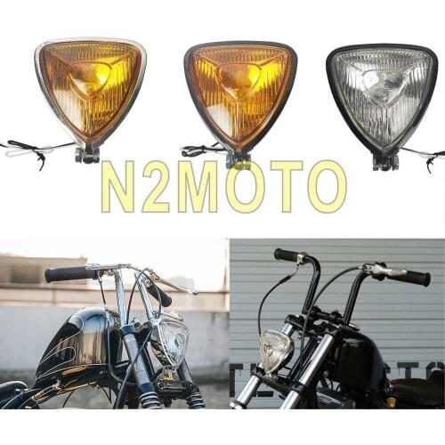 Retro Custom Motorcycle Headlight H3 Triangle Head Light for Harley Chopper Cafe Racer Chrome Black Amber Clear Lens