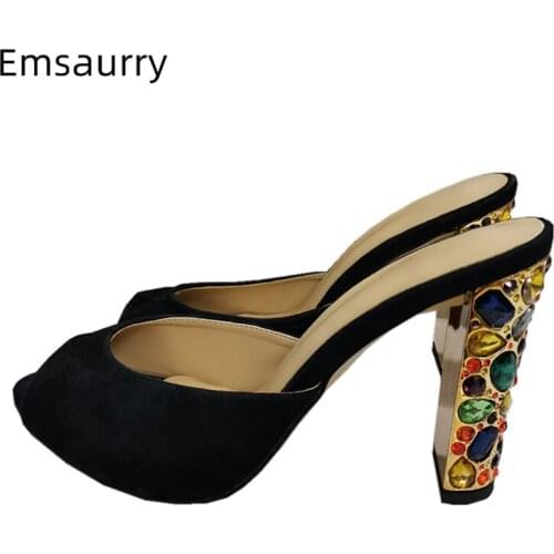 Luxury Rhinestone Sandals Women Sexy Peep Toe Luxury Suede Shoes Woman 2021 New Chic Jeweled Diamond High Heel Mules Lady