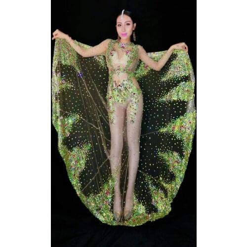 Sexy female singer costume hosting car model Dj green water diamond transparent long fishtail skirt stage adult dress clothes
