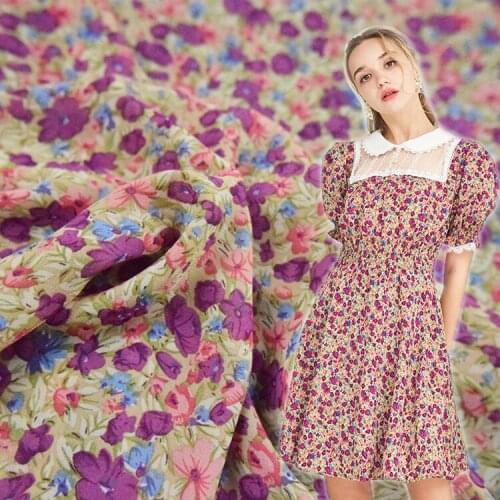 Chiffon Fabric Spring And Summer New Style French Elegant Purple Small Floral Beads Dress Shirt Clothing Handmade DIY Fabric