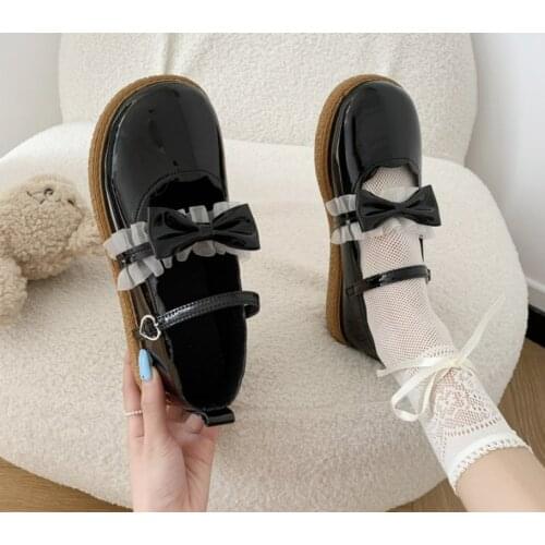 Japanese Kawaii Sweet Lolita Princess Shoes Cute Bow Round Head Flat Platform Student Uniform Shoes