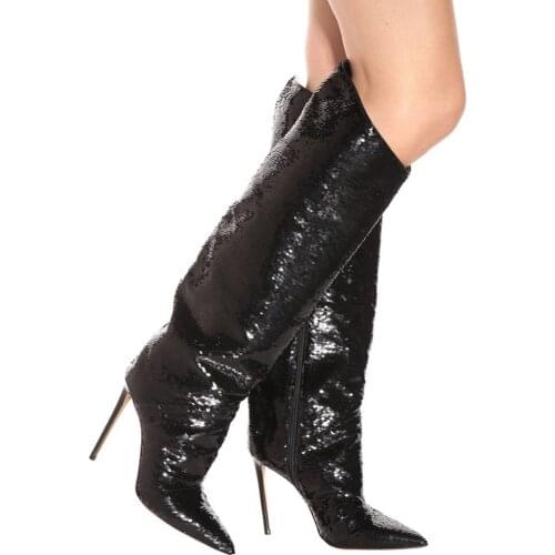 Black bling women long boots pointed toe high heels knee high boots sexy ladies shoes plus size 45 Nightclub shoes free shipping
