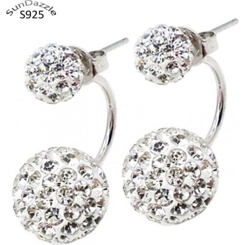 Real Pure Solid 925 Sterling Silver Stud Earrings for Women Fine Jewelry Double Sided Crystal Ball Cubic Zircon Female Earrings