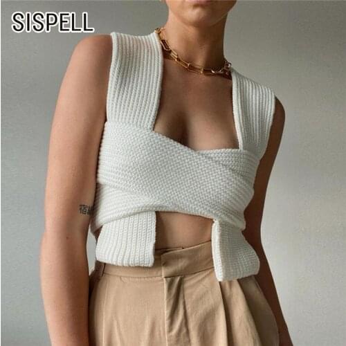 SISPELL Pure Color Sets Knitted T Shirt For Female Square Collar Sleeveless High Waist Slimming Womens Sexy T Shirt Fashion