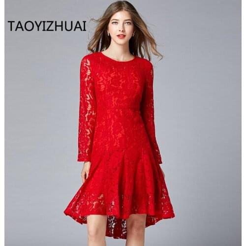 TAOYIZHUAI new arrival spring Lace crew neck long sleeve fishtail dress red lace sexy slim party plus size lady ress16202