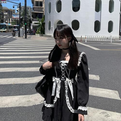 Lady Bow Lace-up Square Collar Lace Spliced Long Sleeve Ruffles Streetwear Dresses Women Gothic Contrast Color Street Dress 2021