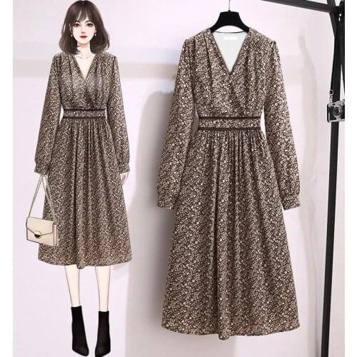 2021 Fall Dress Women V-neck Regular Sleeve Mid-length Dress Lace-up Waist Waist Thin Printed Dress Women