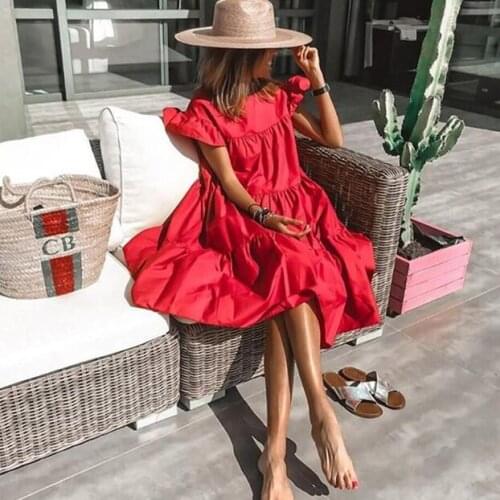 Retro Pleated Midi Dress Women 2021 Summer Solid Round Neck Butterfly Sleeve Dress Casual Loose Oversized Beach Dresses Robe