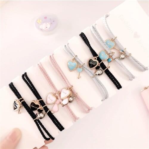 2Pcs\Set Heart Key Couple Bracelet Magnet Ball Hand Men and Women Gift Friendship Charms Elastic Rope Lover Jewelry