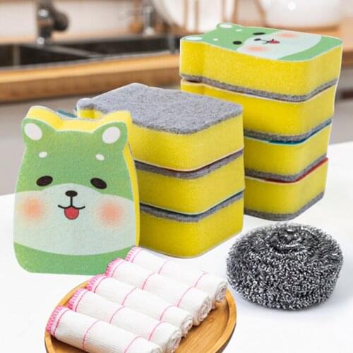 5Pcs Kitchen Cleaning Set Steel Ball Household Cleaning Tools Cloth Towel Cleaning Supples Scouring Pad Sponge Brush