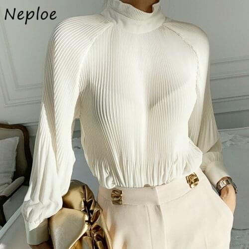 Neploe Korean Style Chic Elegant Design Women Blouse Stand Collar Loose Pleated Femme Blusas All-match Lantern Sleeve Shirts