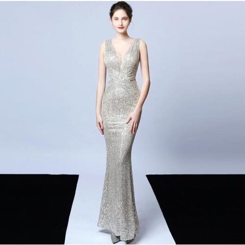 Formal Evening Dresses 2020 Mermaid Sequined Lace Deep V Neck Sleeve Long Party Gowns Robe Soiree Sexy Women Backless Dress