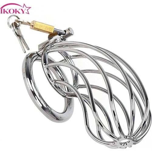 IKOKY Penis Cock Ring Sleeve Lock Male Chastity Device Lockable Stainless Steel Sex Products Sex Toys for Men Cock Cage