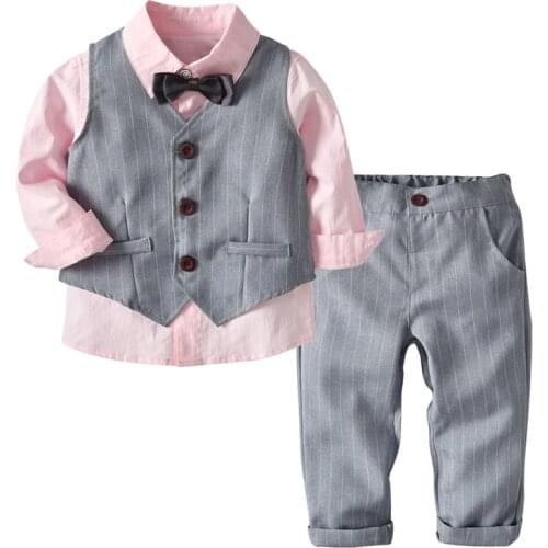 Boys Clothes Set Vest + Shirt + Pants 3 PCS Children Suits Toddler Kids Casual Clothing Grey Pink