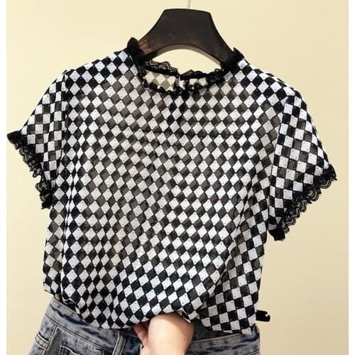 Lace Patchwork Plaid Chiffon Women Blouse Summer New Design 2021 Loose Elegant Office Lady All Match Pulls Outwear Tops