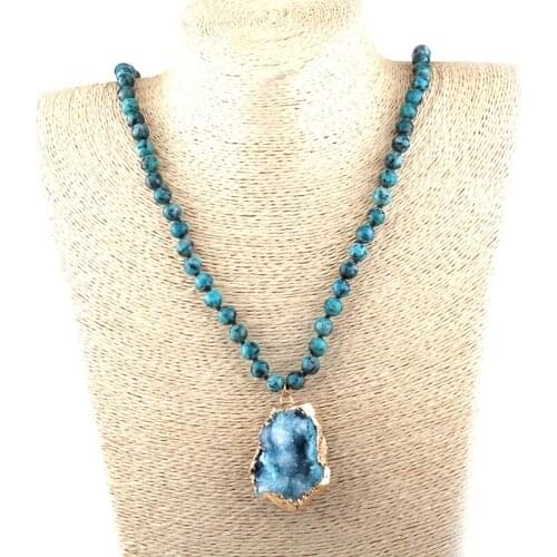 MOODPC Fashion Bohemian Tribal Artisan Jewelry Aqua Stone Knotted Blue Irregular Druzy Necklace
