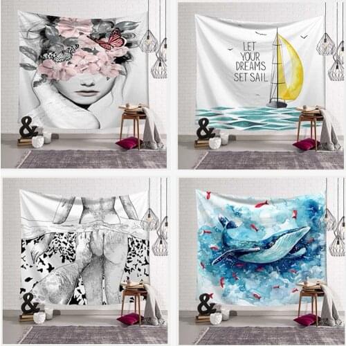 Bohemian Sailboat Whale Palm Tapestry Wall Hanging Dinosaur Bones Girl Pattern Art Sunbathing Beach Towel Blanket Home Decor