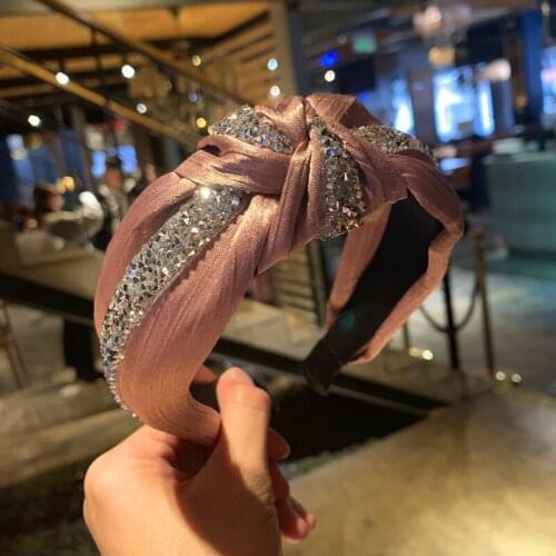 New Women Diamond Hairband Bow Cross Knotted Headband Solid Color Rhinestone Wide Side Hair Hoop Adult Girls Hair Accessories