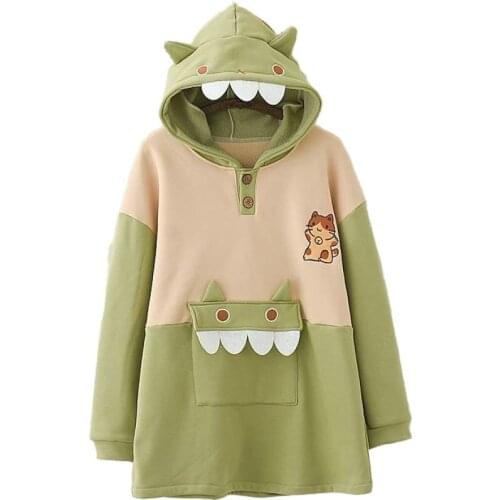 Sweet Cat Embroidery Hooded Plus Velvet Thick Hit Color Sweatshirts Winter Women Harakuju Cute Hoodies Kawaii Pullover 2010638