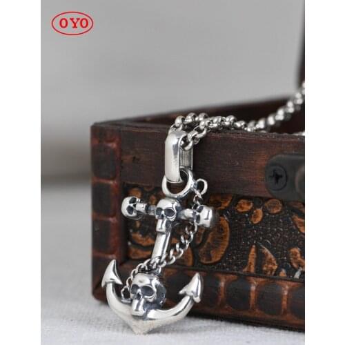 S925 Silver Retro Craft Punk Skull Jewelry Thai Silver Anchor Necklace Pendant