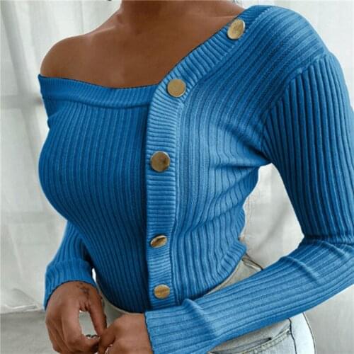 Sexy V Neck Buttons Knitted Sweaters Women Autumn Ribbed Long Sleeve Solid Crop Tops Autumn Knitwear Jumper Tops