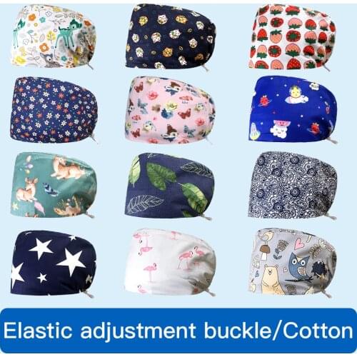 Cartoon Print scrubs hat pet beauty work hat cotton dust-proof work cap pet shop scrubs women cap with Adjustable elastic buckle