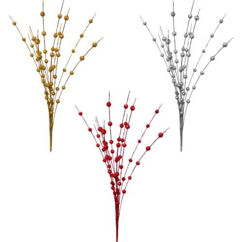 Berry Stalk Fake Berries Stems Artificial Christmas Picks Foam Simulation Pine Tree Branch DIY Xmas Wreath Golden Flash Powder
