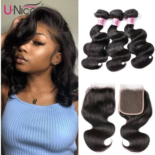 Unice Hair 3 Pcs Body Wave Bundles with Closure Short Brazilian Hair Human Hair Weave Bundles with Closure Remy Hair Extensions