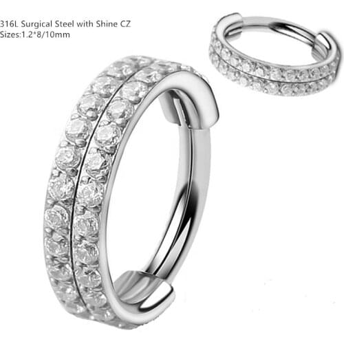 10pcs Body Jewelry Piercing -316L Surgical Steel 2 Row CZ Pave Ear Helix Daith Cartilage Tragus Earring Nose Clicker Septum Ring