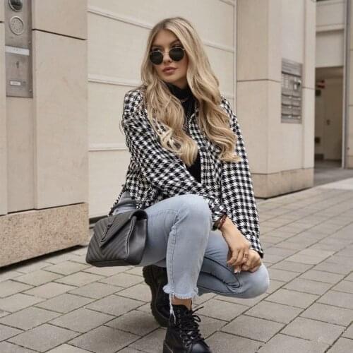 Women Fall Casual Black White Plaid Cropped Shirt Coat Vintage Tweed Jacket Women 2021 Female Winter Long Sleeve Outerwear Tops