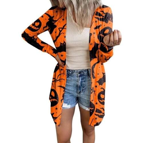 Fashion Halloween Print Cardigan Long Sleeves V-neck Button Coat Pumpkin Bat Pattern Casual Cardigans For Women Autumn Outerwear