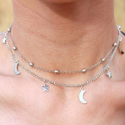 2020 Korean Women Double-chain Necklace Star Moon Choker Bohemia Choker Collana Kolye Bijoux Collares Mujer Collier FemmeJewelry