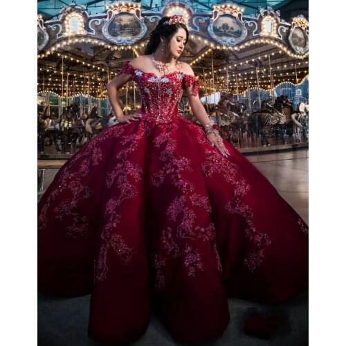 Luxury Dark Red Quinceanera Dresses Lace Appliques Off the Shoulder Beaded Charro Sweet 16 Dress Ruffles vestidos de 15 años
