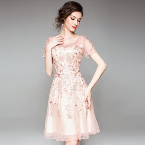 Spring New Fashion Large Womens Embroidery Pearl Lace Slim Mesh Evening Dress Formal Pink A-Line Knee-Length Female Dress