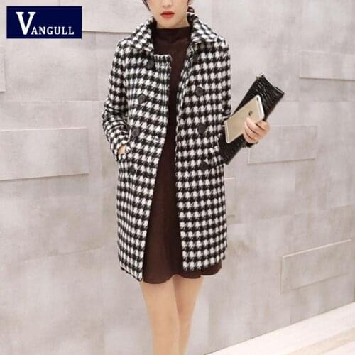 Vangull Women Woolen Plaid Coat Winter Warm Thicker Jacket Single Breasted Long Wool Outerwear Female Turn-down collar Jacket