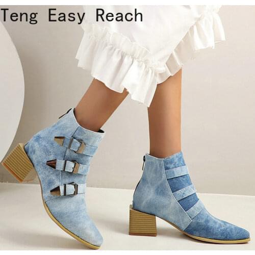 2021 New Autumn Winter Women Ankle Boots Fashion Buckle Zipper Women Western Boots Thick High Heel Ladies Shoes Big Size 34-43