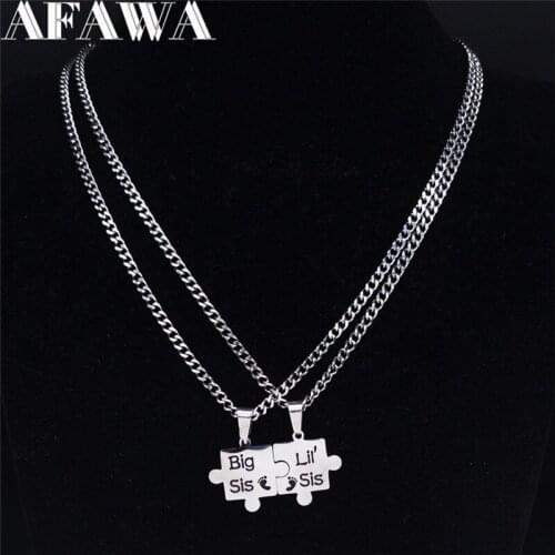 AFAWA Big Sis LilSis Puzzle Stainless Steel Statement Necklace Women Silver Color Necklaces Sister Gift Jewelry joyas N3720S01