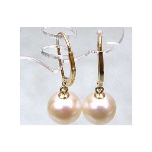 Free shipping>>>>noble jewelry Genuine AAA+++ 10-10.5mm Round White South Sea Pears Dangle Earring 14k Solid Gold