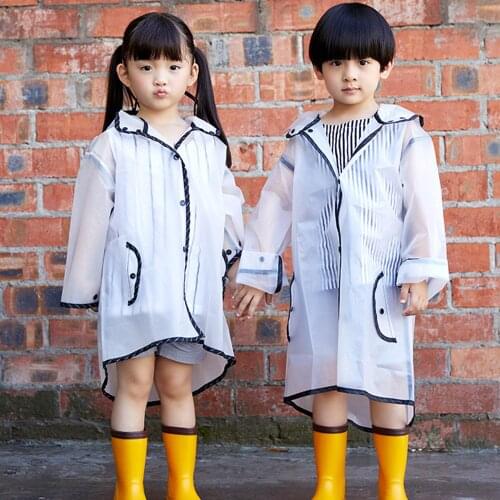 Kids Boys Girls Raincoat Transparent EVA Waterproof Windproof Hooded Rain Coats Big Hat Poncho Extended Brim Rainwear Rainsuit
