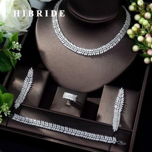 HIBRIDE Super Luxury Leaf Leaves Full AAA Cubic Zirconia Women Wedding Dress Necklace Earring Jewelry Sets Bijoux Femme N-1034
