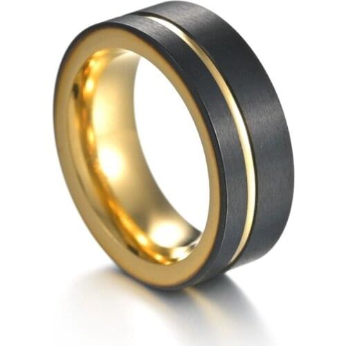 8mm Classic Mens Brushed Black Gold Color Line Tungsten Steel Ring Engagement Wedding Ring Jewelry
