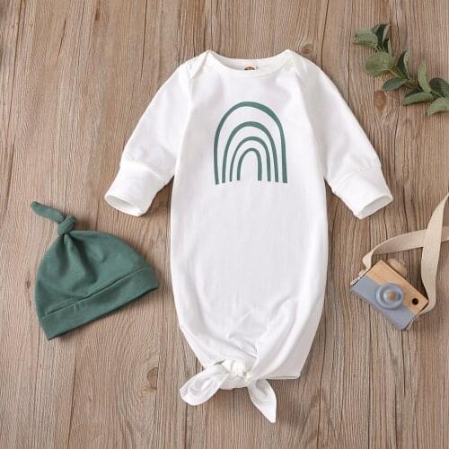 2 Pcs Babys Sleeping Bag Set Round Neck Long Sleeve Rainbow Print Sleeping Pocket Solid Color Round Hat 0-6 Months